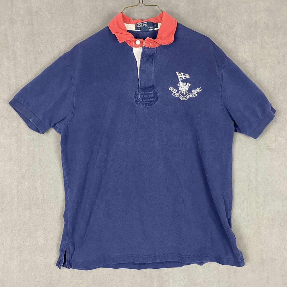 VTG Polo By Ralph Lauren Men's L Short Sleeve HMS Crown & Flag Polo Shirt *flaw